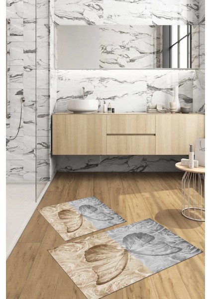 Dijital Baskılı Yıkanabilir Renkli Kelebek Model Banyo Paspası Klozet Takımı, Klozet-64-Kahve,