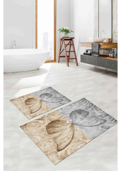 Dijital Baskılı Yıkanabilir Renkli Kelebek Model Banyo Paspası Klozet Takımı, Klozet-64-Kahve,