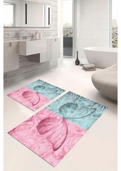 Dijital Baskılı Yıkanabilir Renkli Kelebek Model Banyo Paspası Klozet Takımı, Klozet-64-Renkli,