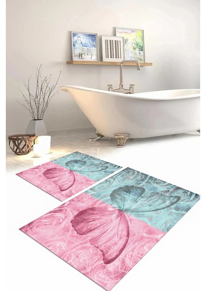 Dijital Baskılı Yıkanabilir Renkli Kelebek Model Banyo Paspası Klozet Takımı, Klozet-64-Renkli,