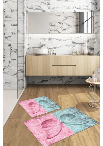 Dijital Baskılı Yıkanabilir Renkli Kelebek Model Banyo Paspası Klozet Takımı, Klozet-64-Renkli,