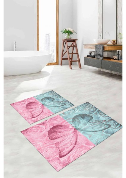 Dijital Baskılı Yıkanabilir Renkli Kelebek Model Banyo Paspası Klozet Takımı, Klozet-64-Renkli,
