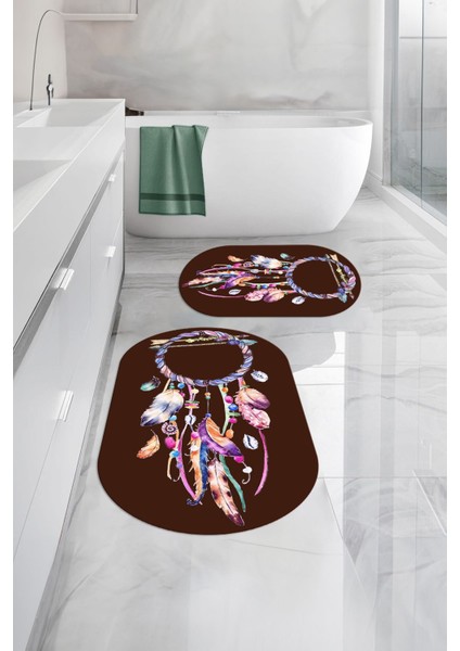 Dijital Yıkanabilir Kaymaz Kuş Tüyü Desenli Oval Banyo Paspası Klozet Takımı, Klozet-92-Kahve,