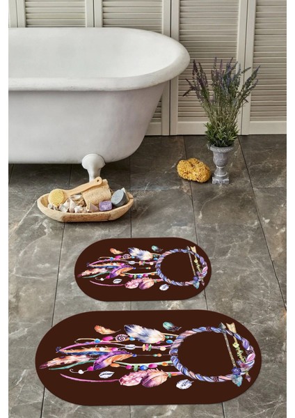 Dijital Yıkanabilir Kaymaz Kuş Tüyü Desenli Oval Banyo Paspası Klozet Takımı, Klozet-92-Kahve, modelleri