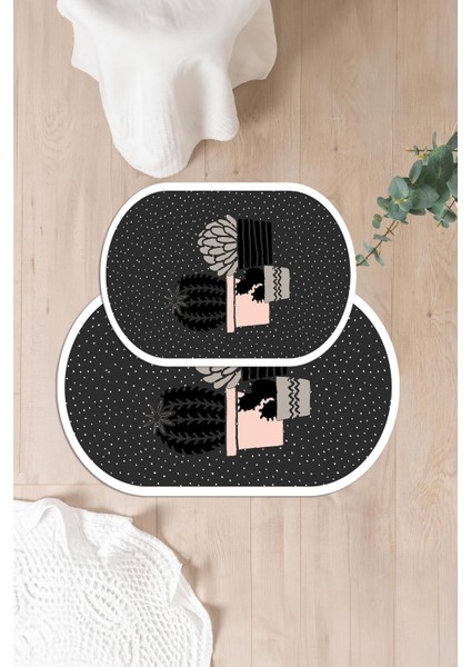 Dijital Yıkanabilir Modern Kaktüs Modelli Oval Banyo Paspası Klozet Takımı, Klozet-93-Antrasit,