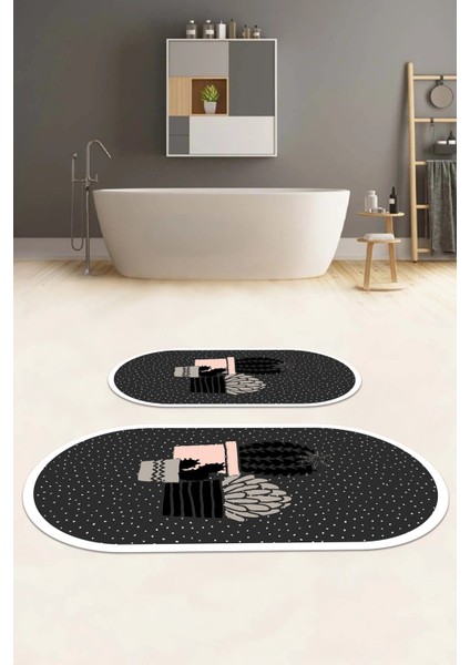 Dijital Yıkanabilir Modern Kaktüs Modelli Oval Banyo Paspası Klozet Takımı, Klozet-93-Antrasit, modelleri