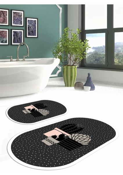 Dijital Yıkanabilir Modern Kaktüs Modelli Oval Banyo Paspası Klozet Takımı, Klozet-93-Antrasit, fırsatları