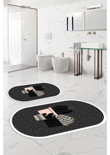 Dijital Yıkanabilir Modern Kaktüs Modelli Oval Banyo Paspası Klozet Takımı, Klozet-93-Antrasit, indirimleri