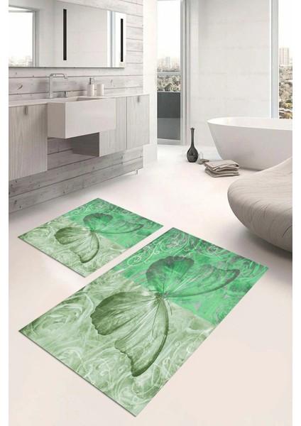 Dijital Baskılı Yıkanabilir Renkli Kelebek Model Banyo Paspası Klozet Takımı, Klozet-64-Yeşil,