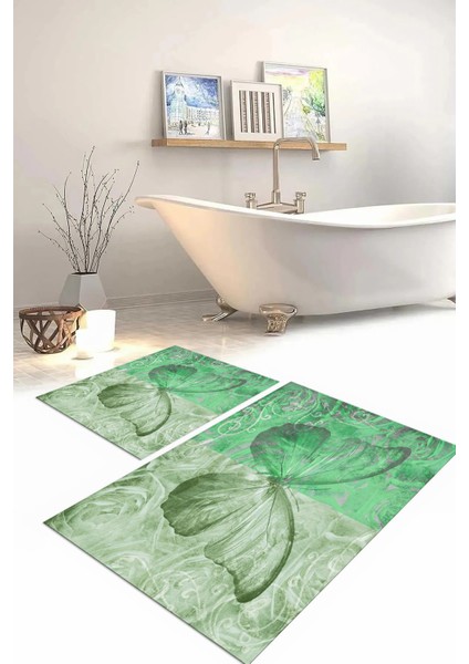 Dijital Baskılı Yıkanabilir Renkli Kelebek Model Banyo Paspası Klozet Takımı, Klozet-64-Yeşil,