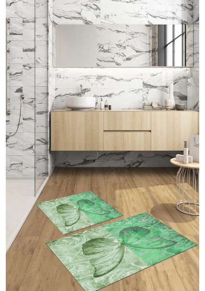 Dijital Baskılı Yıkanabilir Renkli Kelebek Model Banyo Paspası Klozet Takımı, Klozet-64-Yeşil,