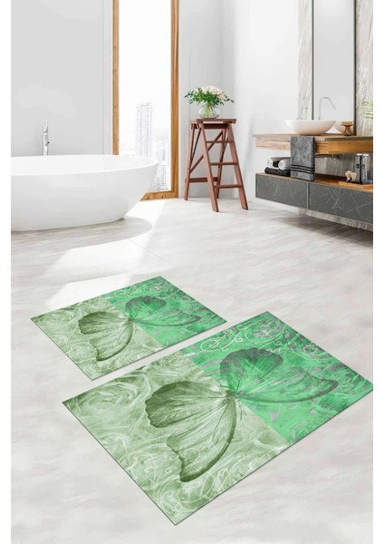 Dijital Baskılı Yıkanabilir Renkli Kelebek Model Banyo Paspası Klozet Takımı, Klozet-64-Yeşil,