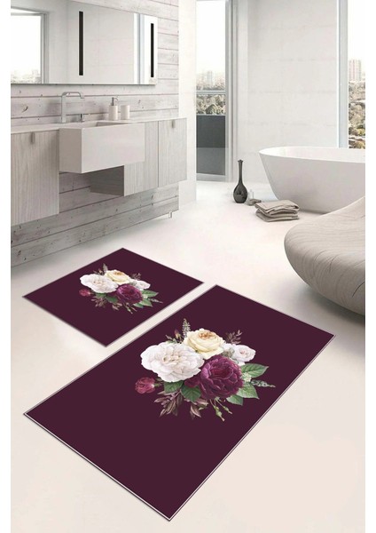 Dijital Baskılı Yıkanabilir Kaymaz Çiçek Motifli Banyo Paspası Klozet Takımı, Klozet-65-Bordo,
