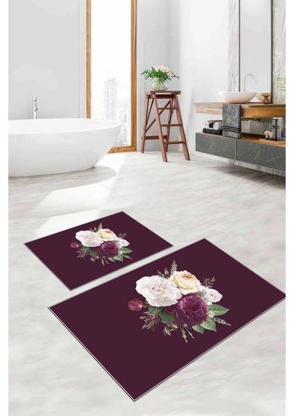 Dijital Baskılı Yıkanabilir Kaymaz Çiçek Motifli Banyo Paspası Klozet Takımı, Klozet-65-Bordo, fırsatları