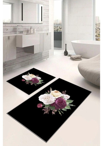 Dijital Baskılı Yıkanabilir Kaymaz Çiçek Motifli Banyo Paspası Klozet Takımı, Klozet-65-Siyah,