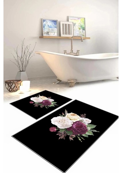 Dijital Baskılı Yıkanabilir Kaymaz Çiçek Motifli Banyo Paspası Klozet Takımı, Klozet-65-Siyah, fiyatları