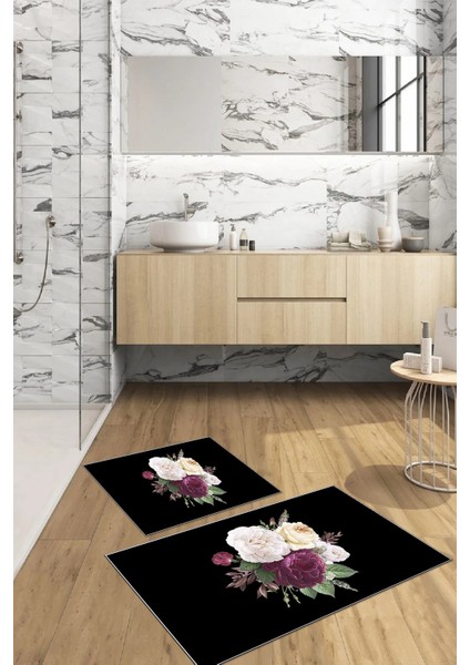 Dijital Baskılı Yıkanabilir Kaymaz Çiçek Motifli Banyo Paspası Klozet Takımı, Klozet-65-Siyah, modelleri