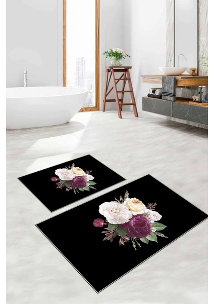 Dijital Baskılı Yıkanabilir Kaymaz Çiçek Motifli Banyo Paspası Klozet Takımı, Klozet-65-Siyah, fırsatları