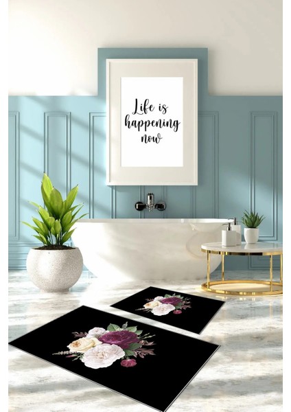 Dijital Baskılı Yıkanabilir Kaymaz Çiçek Motifli Banyo Paspası Klozet Takımı, Klozet-65-Siyah, indirimleri