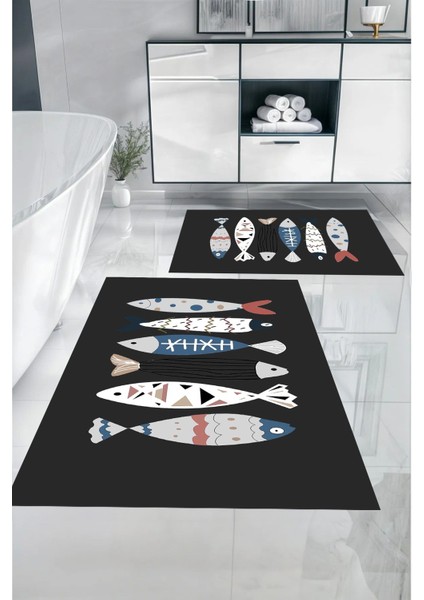 Dijital Baskılı Yıkanabilir Renkli Balık Desenli Banyo Paspası Klozet Takımı, Klozet-69-Gri, indirimleri
