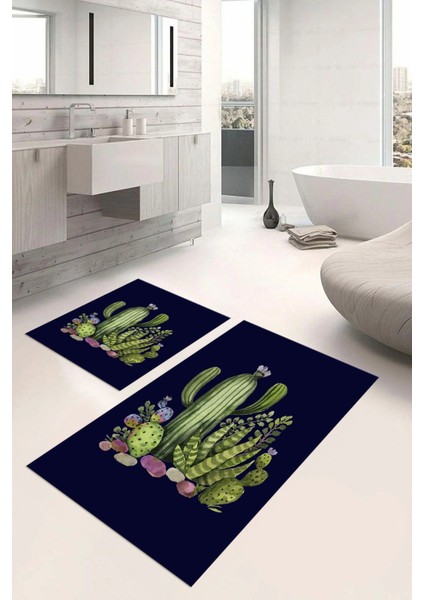 Dijital Baskılı Yıkanabilir Kaymaz Kaktüs Desenli Banyo Paspası Klozet Takımı, Klozet-63-Lacivert,