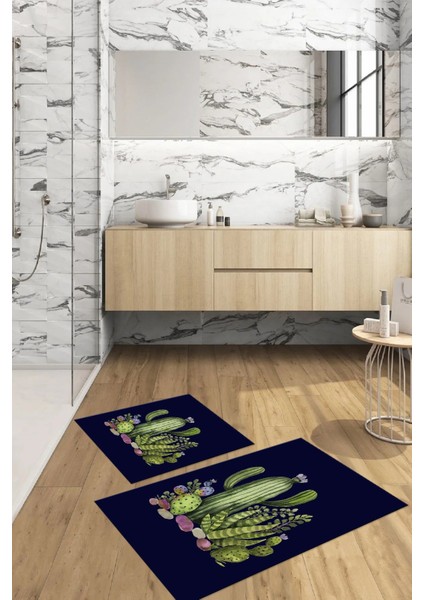 Dijital Baskılı Yıkanabilir Kaymaz Kaktüs Desenli Banyo Paspası Klozet Takımı, Klozet-63-Lacivert, modelleri
