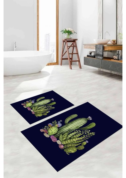 Dijital Baskılı Yıkanabilir Kaymaz Kaktüs Desenli Banyo Paspası Klozet Takımı, Klozet-63-Lacivert, fırsatları