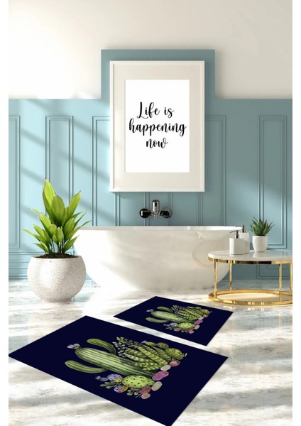 Dijital Baskılı Yıkanabilir Kaymaz Kaktüs Desenli Banyo Paspası Klozet Takımı, Klozet-63-Lacivert, indirimleri