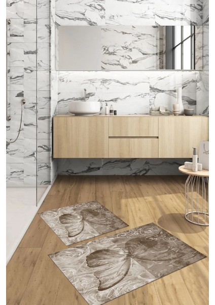 Dijital Baskılı Yıkanabilir Renkli Kelebek Model Banyo Paspası Klozet Takımı, Klozet-64-Vizon, modelleri