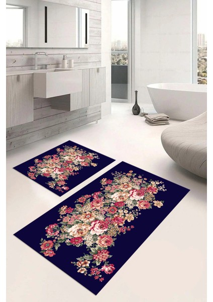 Dijital Baskılı Yıkanabilir Renkli Çiçek Desenli Banyo Paspası Klozet Takımı, Klozet-66-Lacivert,