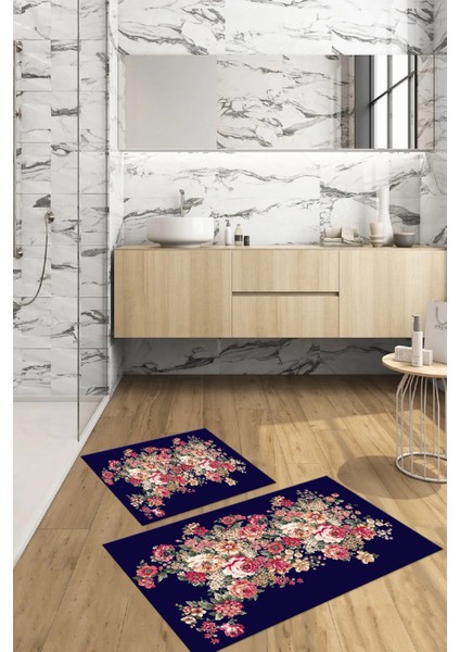 Dijital Baskılı Yıkanabilir Renkli Çiçek Desenli Banyo Paspası Klozet Takımı, Klozet-66-Lacivert, modelleri