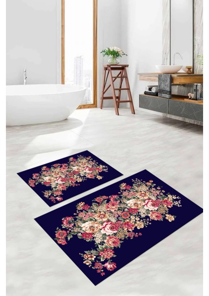 Dijital Baskılı Yıkanabilir Renkli Çiçek Desenli Banyo Paspası Klozet Takımı, Klozet-66-Lacivert, fırsatları
