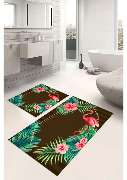 Dijital Baskılı Yıkanabilir Renkli Flamingo Desenli Banyo Paspası Klozet Takımı, Klozet-67-Kahve,