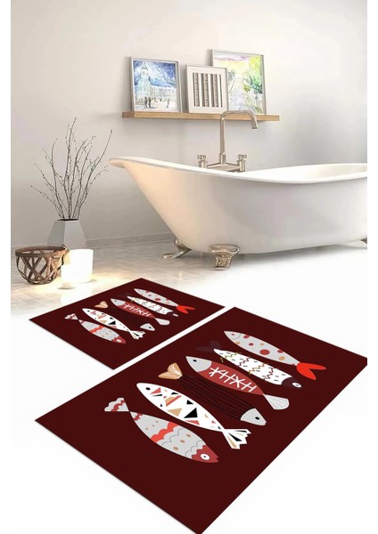 Dijital Baskılı Yıkanabilir Renkli Balık Desenli Banyo Paspası Klozet Takımı, Klozet-69-Bordo,