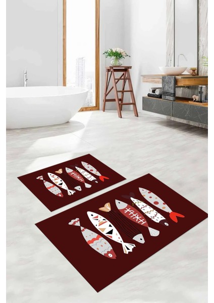 Dijital Baskılı Yıkanabilir Renkli Balık Desenli Banyo Paspası Klozet Takımı, Klozet-69-Bordo, modelleri