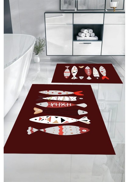 Dijital Baskılı Yıkanabilir Renkli Balık Desenli Banyo Paspası Klozet Takımı, Klozet-69-Bordo, indirimleri
