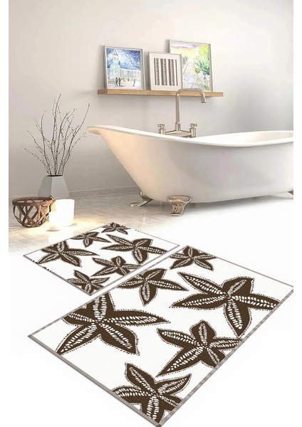 Dijital Baskılı Yıkanabilir Kaymaz Deniz Yıldızı Banyo Paspası Klozet Takımı, Klozet-71-Kahve,