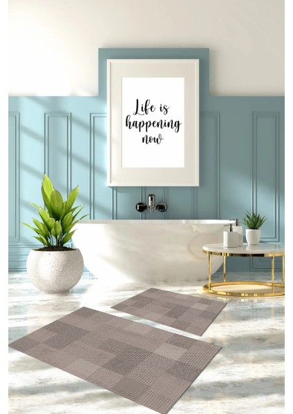 Dijital Baskılı Yıkanabilir Kaymaz Kilim Görünümlü Banyo Paspası Klozet Takımı, Klozet-88-Vizon,