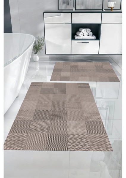 Dijital Baskılı Yıkanabilir Kaymaz Kilim Görünümlü Banyo Paspası Klozet Takımı, Klozet-88-Vizon,