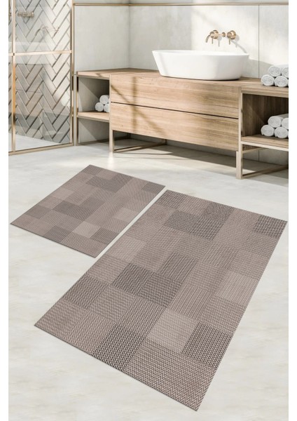 Dijital Baskılı Yıkanabilir Kaymaz Kilim Görünümlü Banyo Paspası Klozet Takımı, Klozet-88-Vizon,