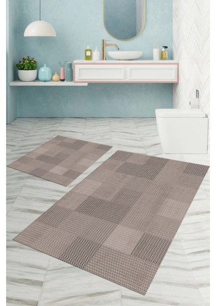 Dijital Baskılı Yıkanabilir Kaymaz Kilim Görünümlü Banyo Paspası Klozet Takımı, Klozet-88-Vizon,