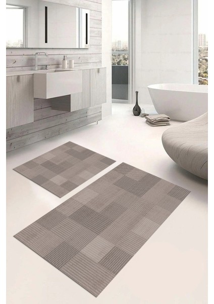 Dijital Baskılı Yıkanabilir Kaymaz Kilim Görünümlü Banyo Paspası Klozet Takımı, Klozet-88-Vizon,