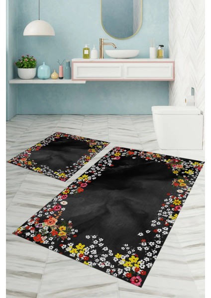 Dijital Baskılı Yıkanabilir Renkli Çiçek Desenli Banyo Paspası Klozet Takımı, Klozet-90-Gri, fırsatları
