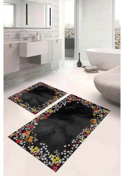 Dijital Baskılı Yıkanabilir Renkli Çiçek Desenli Banyo Paspası Klozet Takımı, Klozet-90-Gri, indirimleri