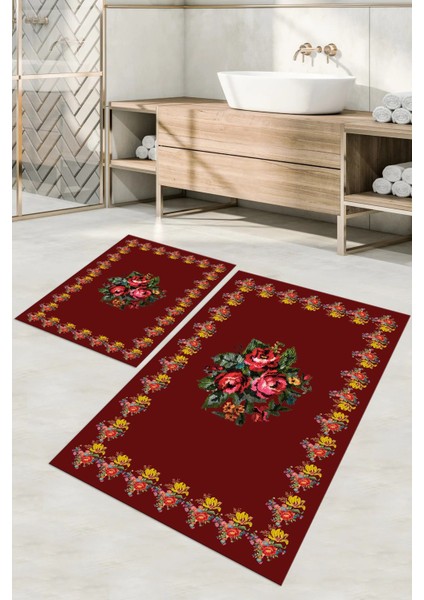 Dijital Baskılı Yıkanabilir Çerçeveli Çiçek Desenli Banyo Paspası Klozet Takımı, Klozet-100-Bordo,