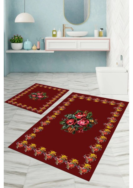 Dijital Baskılı Yıkanabilir Çerçeveli Çiçek Desenli Banyo Paspası Klozet Takımı, Klozet-100-Bordo,