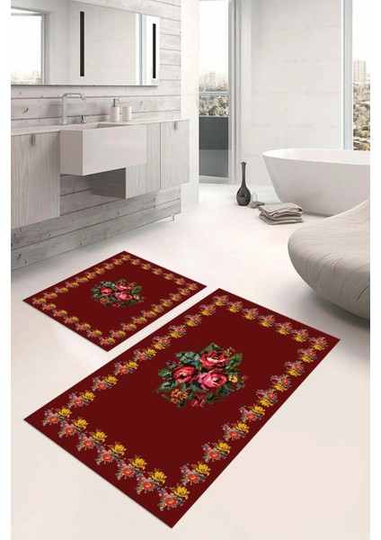 Dijital Baskılı Yıkanabilir Çerçeveli Çiçek Desenli Banyo Paspası Klozet Takımı, Klozet-100-Bordo,