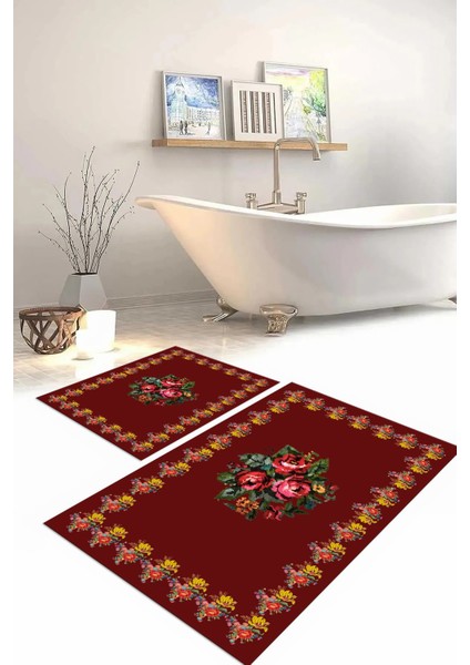 Dijital Baskılı Yıkanabilir Çerçeveli Çiçek Desenli Banyo Paspası Klozet Takımı, Klozet-100-Bordo,