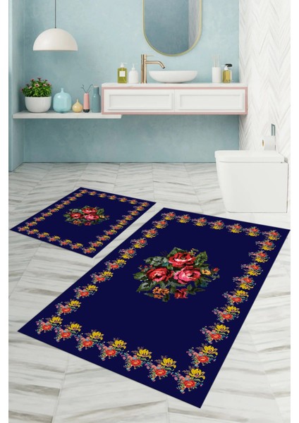 Dijital Baskılı Yıkanabilir Çerçeveli Çiçek Desenli Banyo Paspası Klozet Takımı, Klozet-100-Lacvert,