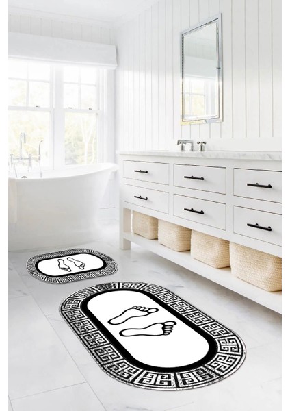 Dijital Yıkanabilir Çerçeveli Ayak Baskılı Oval Banyo Paspası Klozet Takımı, Klozet-52-Beyaz, indirimleri